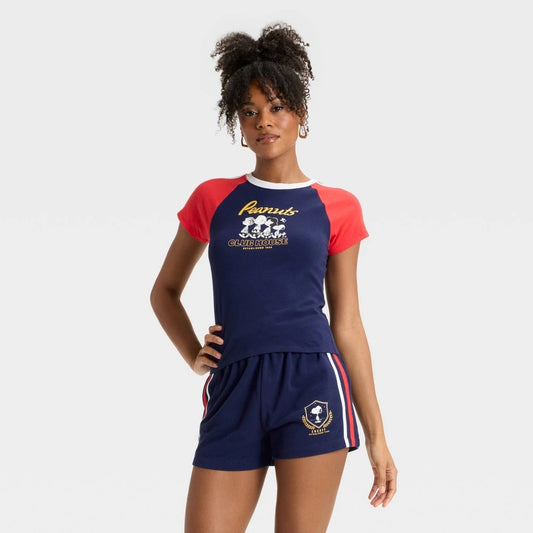 Women's Peanuts Short Sleeve Graphic Baby T-Shirt - Navy