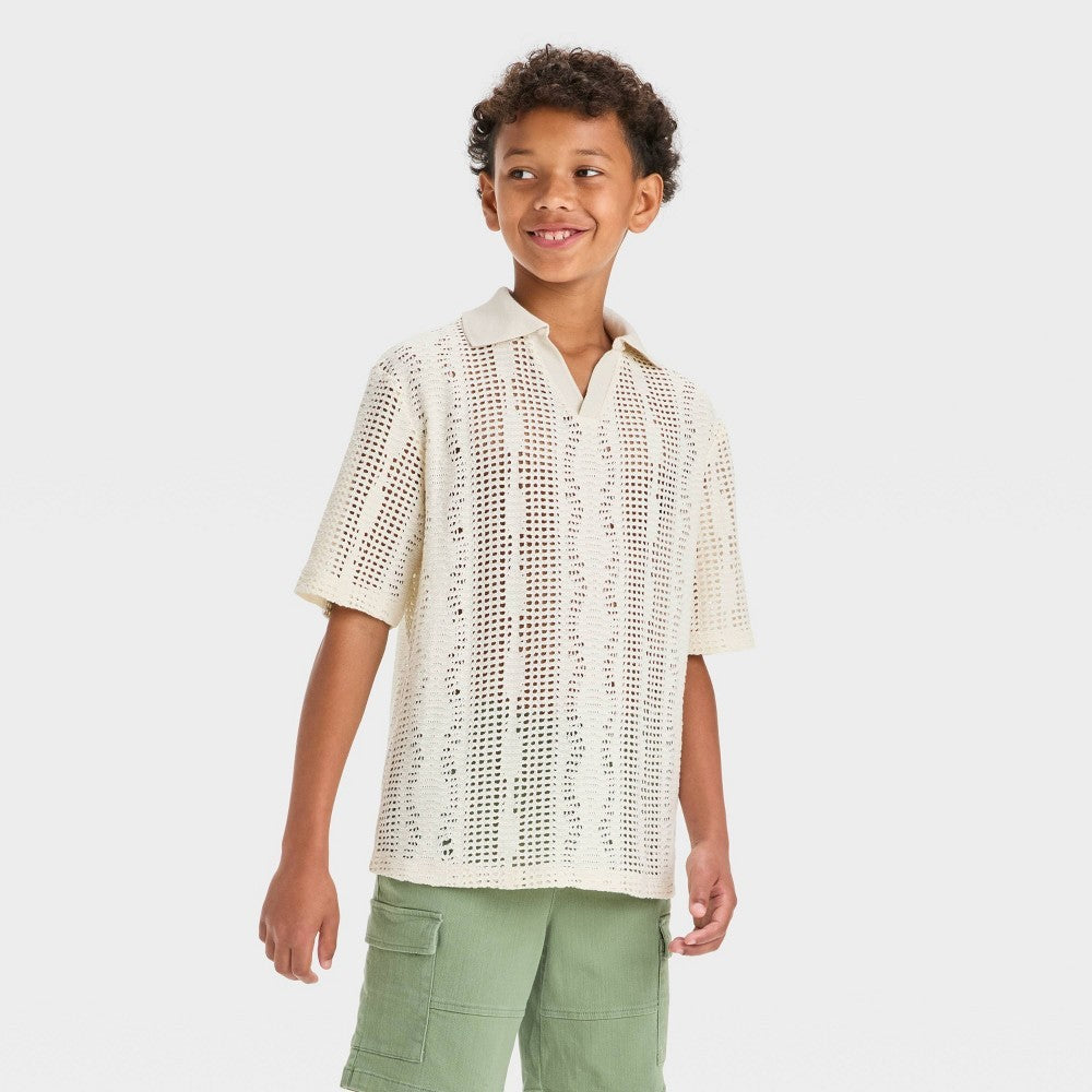 Boys Size: M(8)  Short Sleeve Open Knit Polo Shirt - Art Class™ Khaki Jacquard Pattern, Pullover