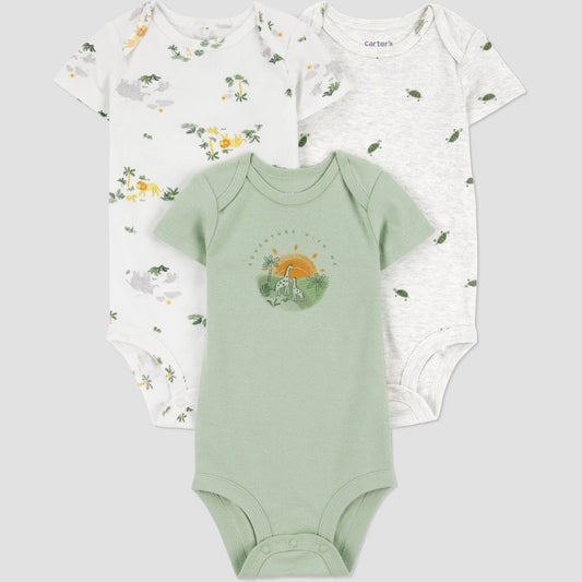 Boys' 24M Carter's Just One You  Baby 3pk Bodysuit - Gray/Green Jungle Animal Pattern, Short Sleeve, Crotch Snap
