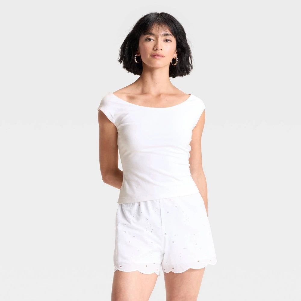 a New Day Slim Fit Short Sleeve Off the Shoulder Top - White