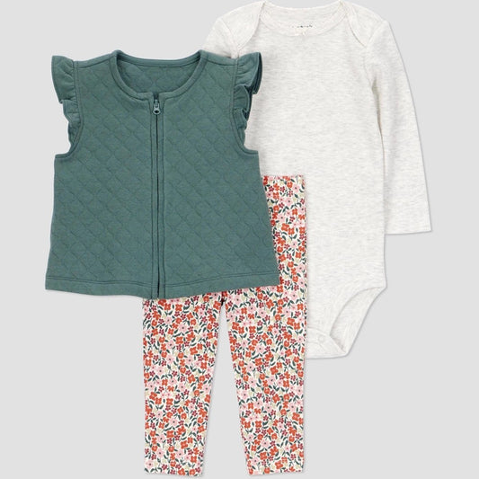 Carter's Toddler Size 18M Just One You  Baby Girls' 3pc Vest with Floral Leggings Set - Green