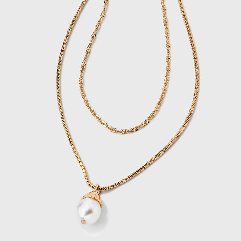 Capped Pearl Drop Multi-Strand Necklace - A New Day Gold