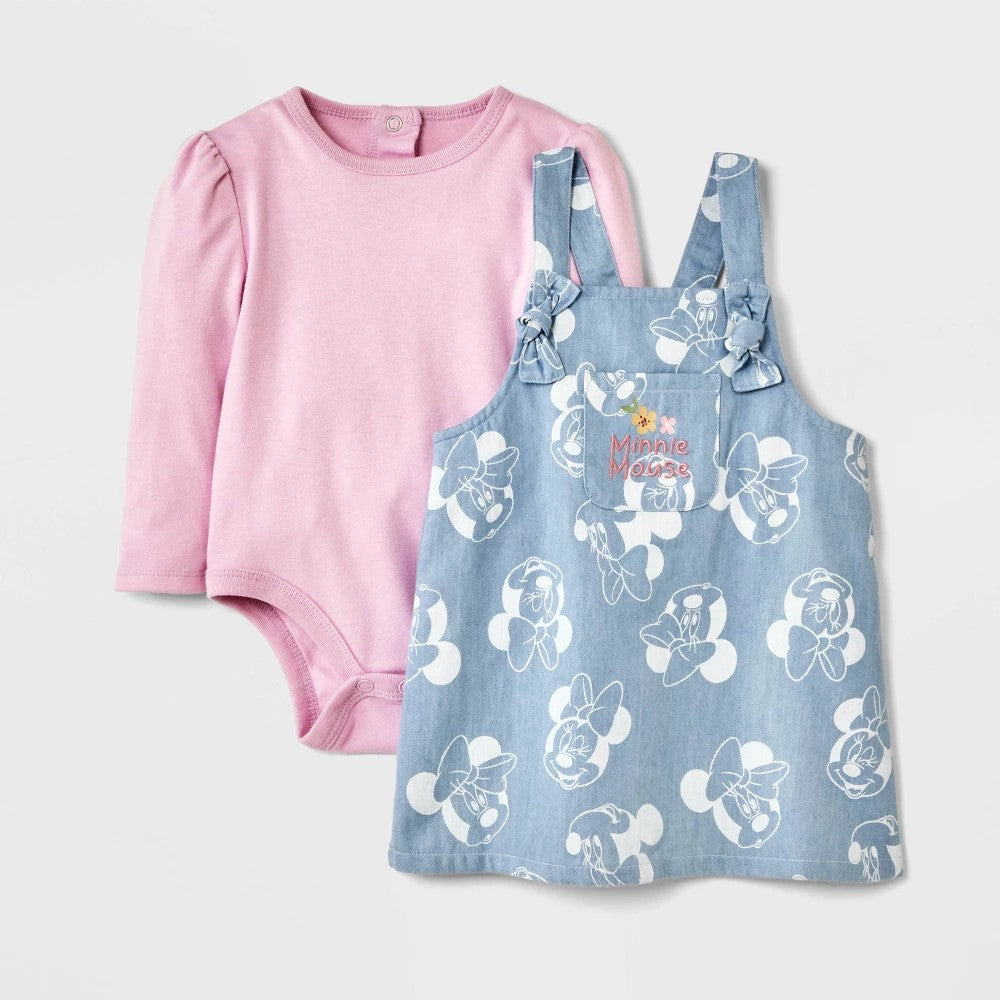 Girls' Newborn - 2pc Disney Minnie Mouse Long Sleeve Bodysuit & Chambray Dress Set - Light Blue/Pink