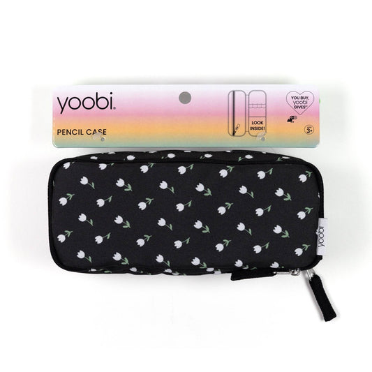 Yoobi Pencil Pouch Black Mini Tulips, Triple-Zip, Multi-Compartment Pencil Case