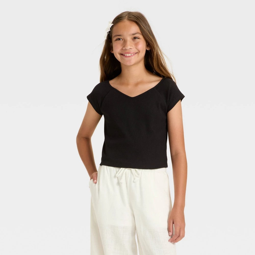 Girls' L(10/12) - Short Sleeve V-Neck Ribbed T-Shirt - Art Class  Black