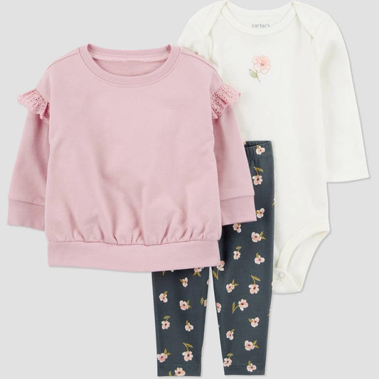 Carter's Just One You Baby Girls' Size 3M, 3pc Floral Top & Bottom Set - Pink