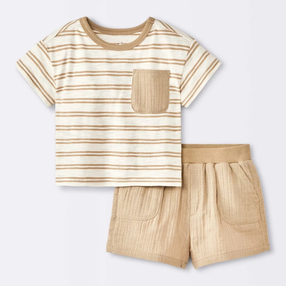 Boys' Newborn - 2pc Striped Pocket T-Shirt and Shorts Set - Cloud Island  Tan