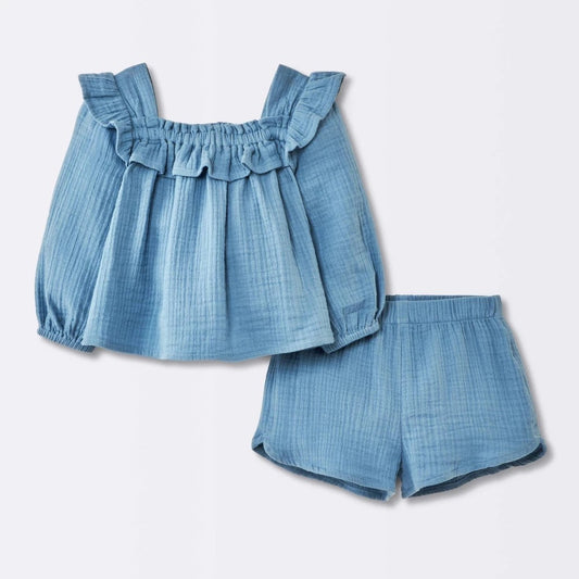 Girls' 6-9M - 2pc Gauze Long Sleeve Top and Bloomer Set - Cloud Island  Blue