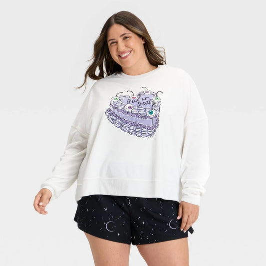 Women's 1X Halloween Trick or Treat Cake Fleece Pajama Sweatshirt - Hyde and EEK! Boutique, Cream