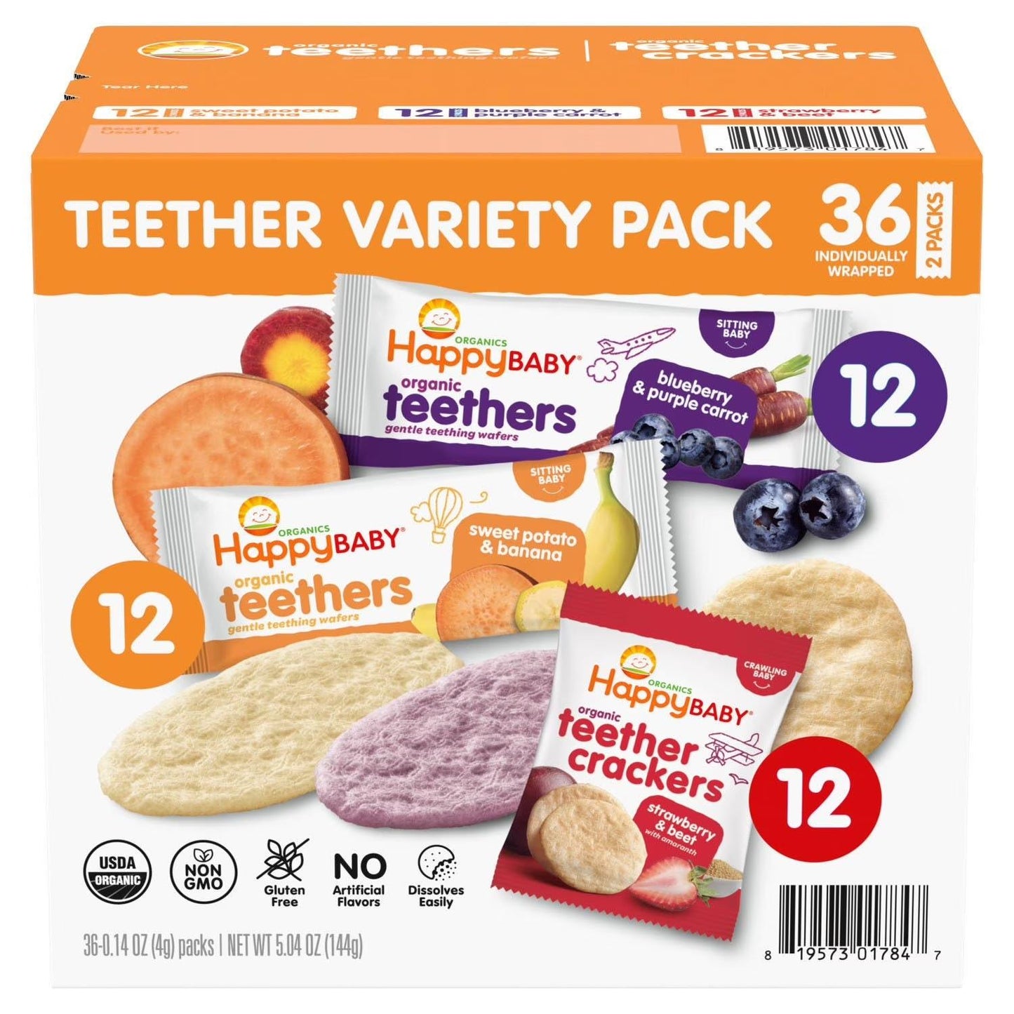 HappyBABY Organics Teethers & Teether Crackers, Variety Pack, 36 Ct (BB Mar 13 2027)