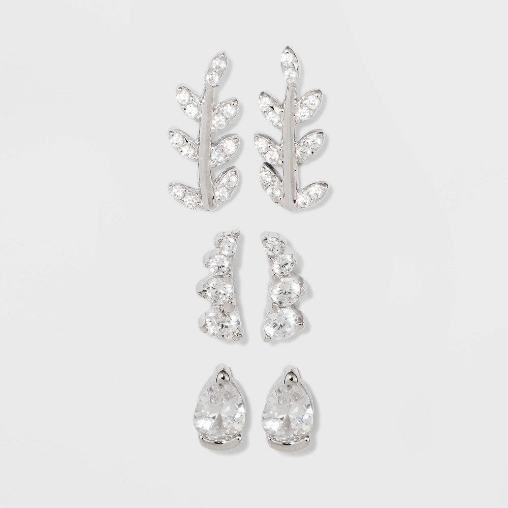 Sterling Silver Cubic Zirconia Leaf, Crawler and Teardrop Stud Earring Set 3pc