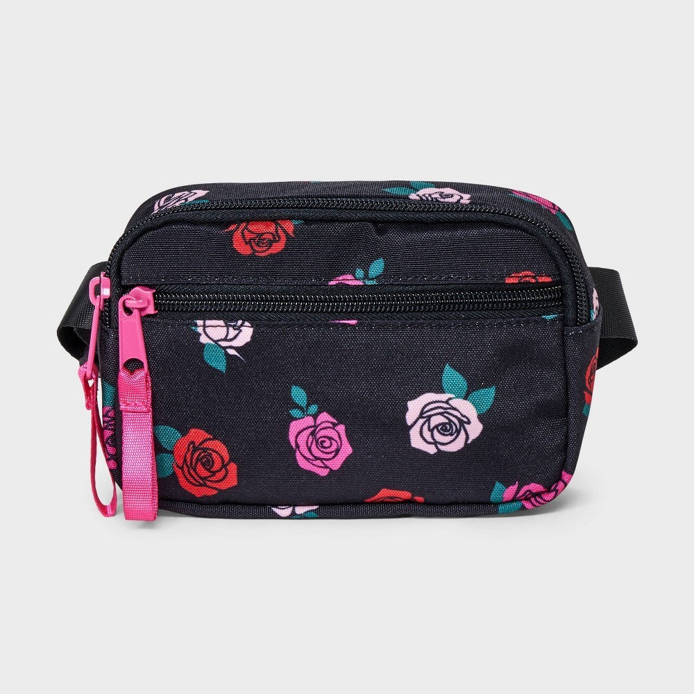 Girls' Rose Print Crossbody Bag - Cat & Jack Black: Floral Pattern, Adjustable Strap, Miniature Design