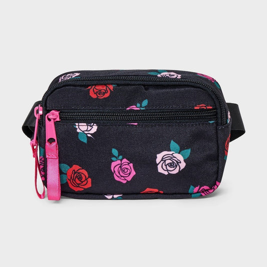 Girls' Rose Print Crossbody Bag - Cat & Jack Black: Floral Pattern, Adjustable Strap, Miniature Design