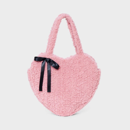 Girls' Faux Shearling with Bow Oversized Heart Tote Bag - Art Class Pink: Structured Double Shoulder Handles, Magnetic Closure
