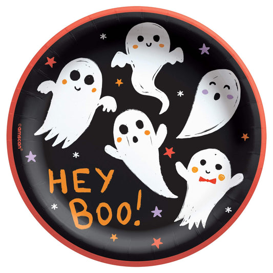 Vintage Halloween Hey Boo! Ghost Round Paper Disposable Dessert Plates, Black/White, 6.75-in, 8 ct, for Halloween