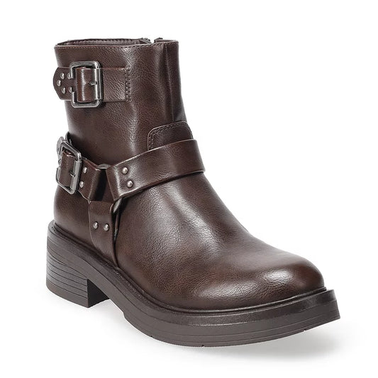 Women's 7 SO Kamdynn Harness Buckle Boots Brown *Damaged Box*