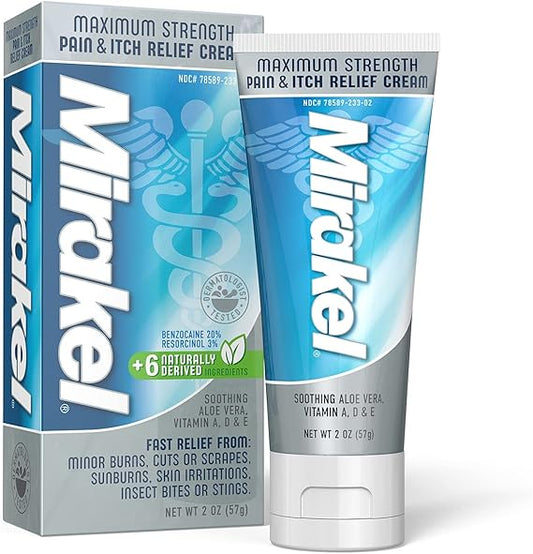 MIRAKEL Maximum Strength Pain & Itch Relief Cream, Ideal for Wounds, Burns & Bites, 2 Ounces