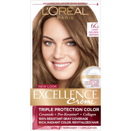 L'Oreal Paris Excellence Creme Permanent Hair Color, 6G Light Golden Brown, Triple Protection, 1 Kit