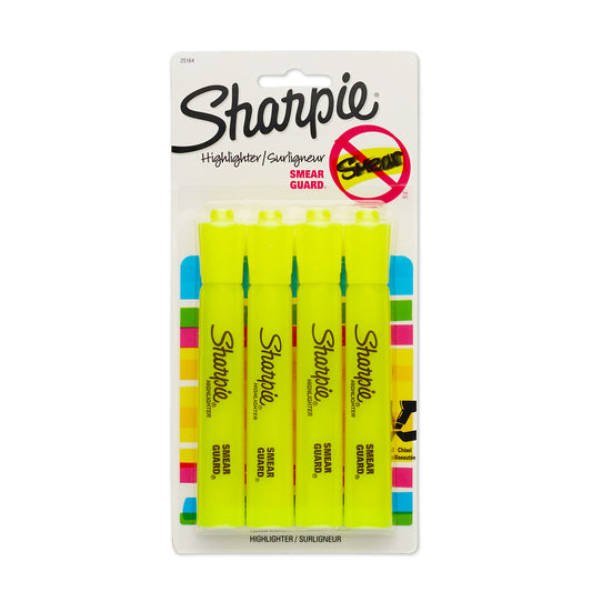Sharpie 4pk Highlighters Smear Guard Chisel Tip Yellow: Bold Markers for School & Office, Art Stationery