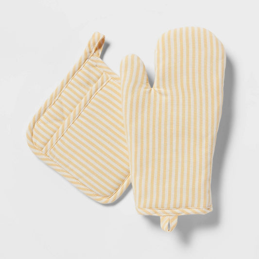 2pc Cotton Striped Oven Mitt and Pot Holder Set Yellow - Threshold