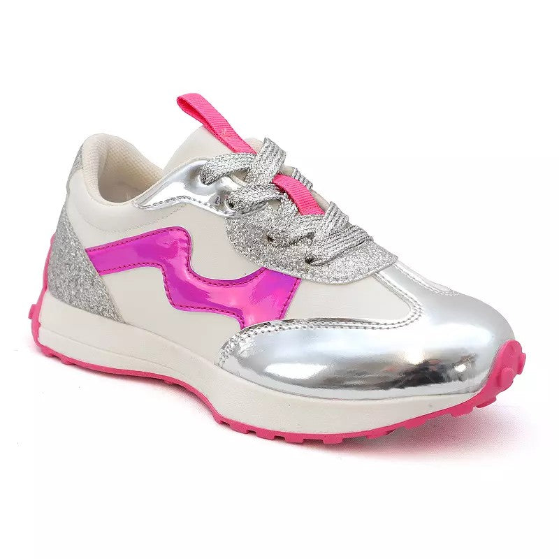 Girls' 4 Yoki Raven Metallic Running Sneaker With Glitter Detail Pink Silver *Damaged Box*