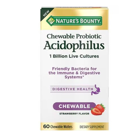 Nature's Bounty, Chewable Probiotic Acidophilus, Strawberry, 1 Billion, 60 Chewable Wafers *Exp 12/25*