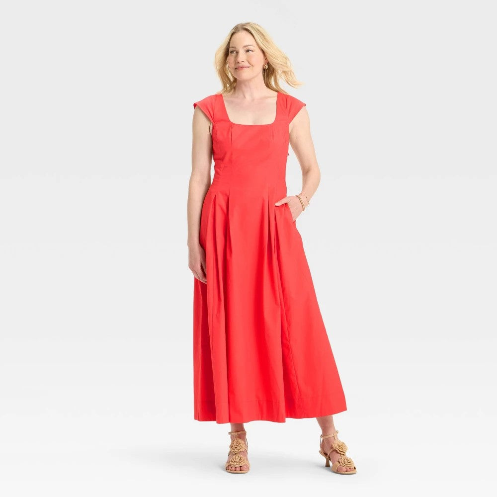 Women's 4 - Poplin MIDI Dress - A New Day - Coral
