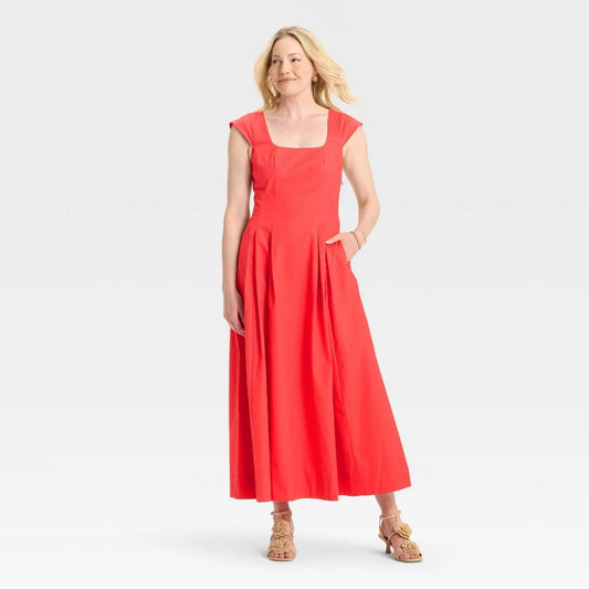 Women's 4 - Poplin MIDI Dress - A New Day - Coral