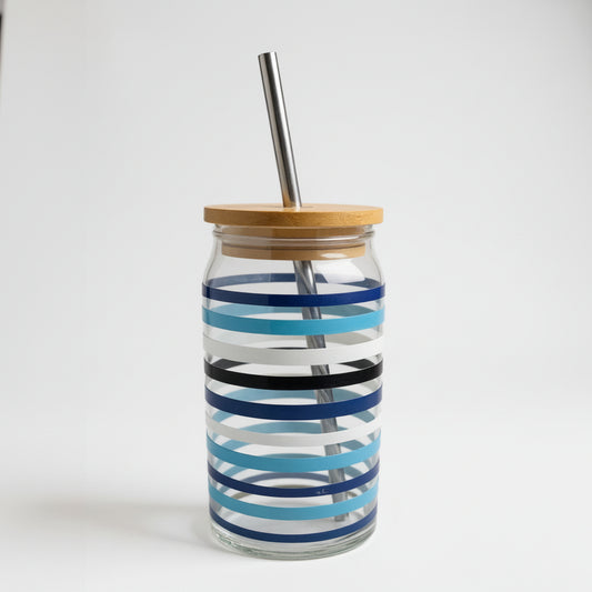 20oz Glass Tumbler with Bamboo Lid & Metal Straw Stripes Blue