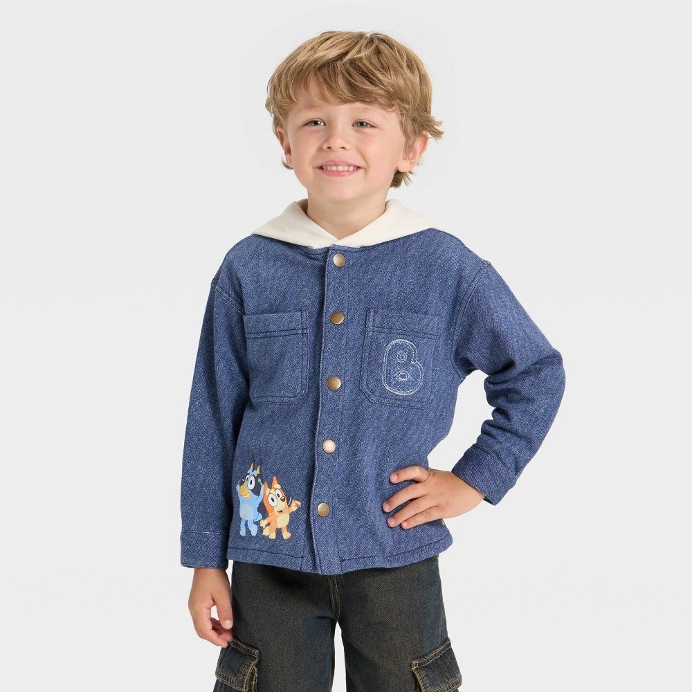 Toddler Boys' 5T Bluey Knit Denim Button-Up Hoodie Jacket - Blue