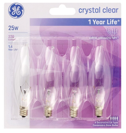 GE Decorative 25W Soft White CA Light Bulbs, Candelabra Base, 4 ct