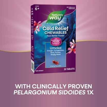 Nature's Way Cold Relief Chewable Tablets, Umcka, Multi-Symptom Cold Relief, Cherry Flavored, 20ct *Exp 11/2025*