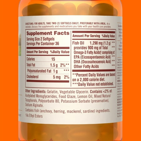Sundown Odorless Fish Oil, 1290mg, Omega 3 Dietary Supplement Heart Health, 72 ct *Exp 01/26*