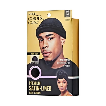 KISS Colors & Care Premium Satin-Lined Halo Turban & 2 Wave Cap, Pre-Tied, Black