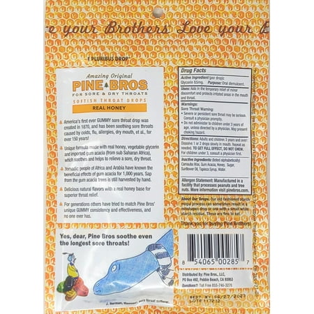 Pine Bros. Sore Throat Drops, Honey, Gummy, 30 Count *Best By 11/01/27*