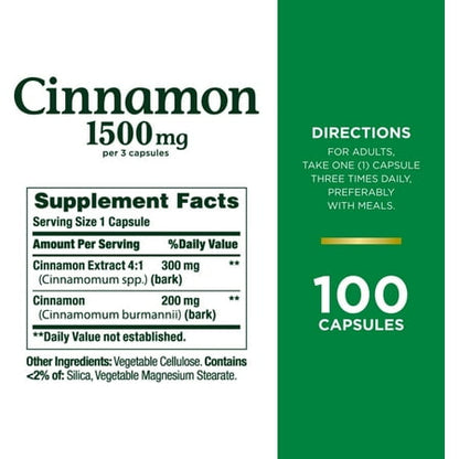 Nature's Bounty Cinnamon 1500mg 100 ct *Exp 12/2026*