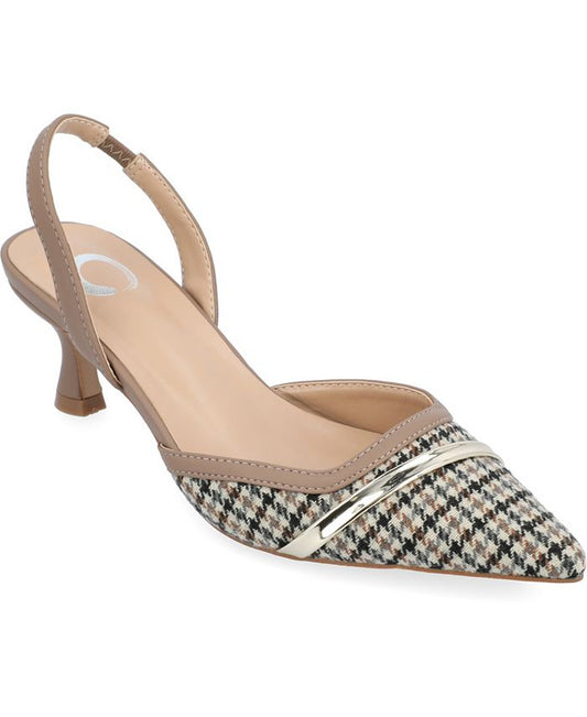 Women's 7 Journee Collection Nellia Slingback Kitten Heel Pumps - Taupe Houndstooth *Damaged Box Missing Lid*
