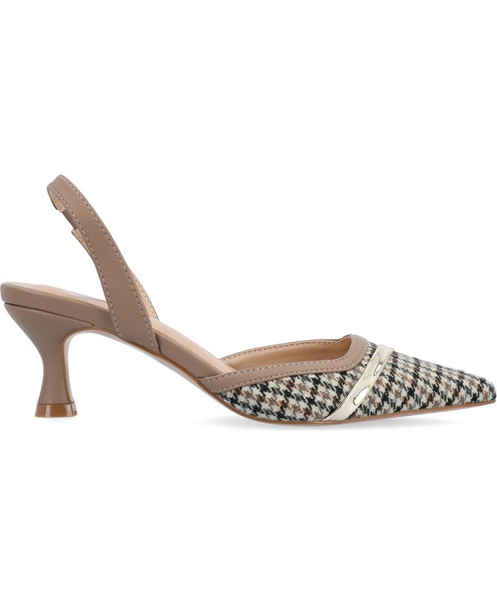 Women's 7 Journee Collection Nellia Slingback Kitten Heel Pumps - Taupe Houndstooth *Damaged Box Missing Lid*