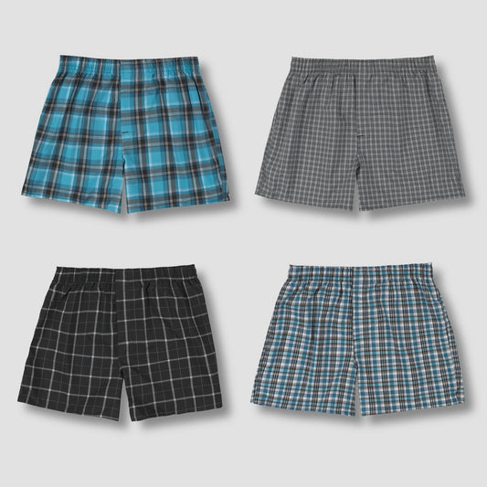 Men's S (28/30 Inch) Hanes Premium Stretch Woven Boxer Shorts 4pk - Blue/Green Cotton Blend, Tagless, Plaid Pattern, Lightweight Fabric