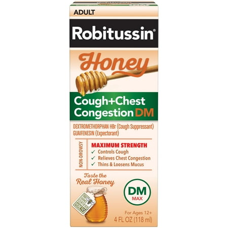 Robitussin Maximum Strength Honey Cough + Chest Congestion Dm, Cough Medicine for Cough and Chest Congestion Relief Made With Real Honey for Flavor - 4 Fl Oz Bottle *Damaged Packaging* *Exp 06/27*