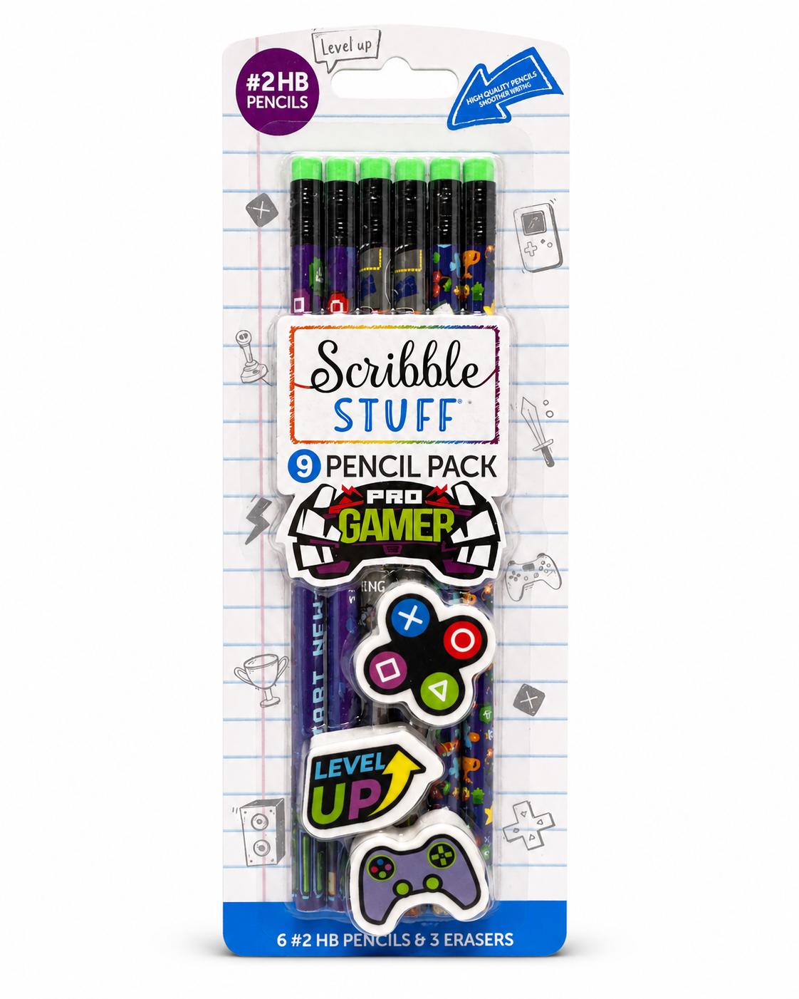 Scribble Stuff Pro Gamer Pencil Pack with 3 Erasers, 9 Count