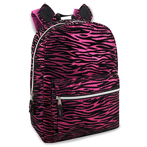 Furry Pink Sequin Zebra Backpack for Kids -Plush Cat Ear Animal Backpack with Ears (Pink Zebra)