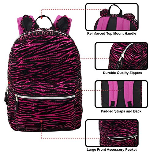 Furry Pink Sequin Zebra Backpack for Kids -Plush Cat Ear Animal Backpack with Ears (Pink Zebra)