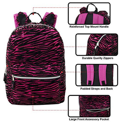 Furry Pink Sequin Zebra Backpack for Kids -Plush Cat Ear Animal Backpack with Ears (Pink Zebra)