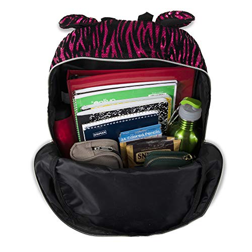 Furry Pink Sequin Zebra Backpack for Kids -Plush Cat Ear Animal Backpack with Ears (Pink Zebra)