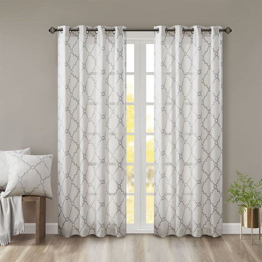 Madison Park 1-Panel Westmont Fretwork Print Light Filtering Window Curtain Ivory & Silver 50 x 63