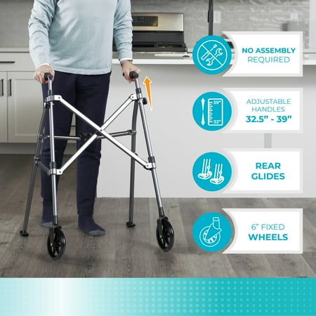 Stander Space Saver Walker, Lightweight Folding Walker for Seniors, Adult Walker with Wheels, Two Wheeled Rolling Walker with Rear Ski Glides, Black Walnut