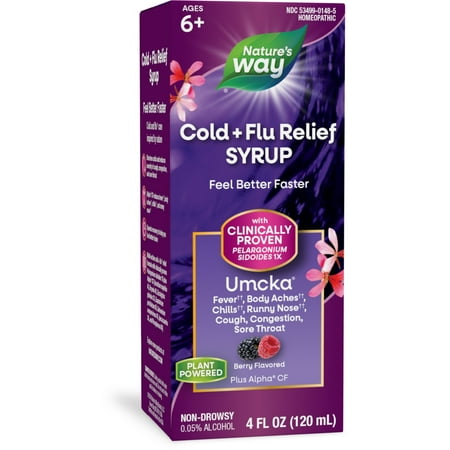 Nature's Way Cold + Flu Relief Syrup, Umcka, Non-Drowsy, Berry Flavored, Unisex, 4 Fl Oz **Exp 07/31/26**
