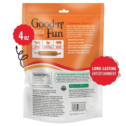 Good 'n Fun Triple Flavor Ribs, Rawhide Chews for All Dogs, 4 oz *Best By 12/13/26*