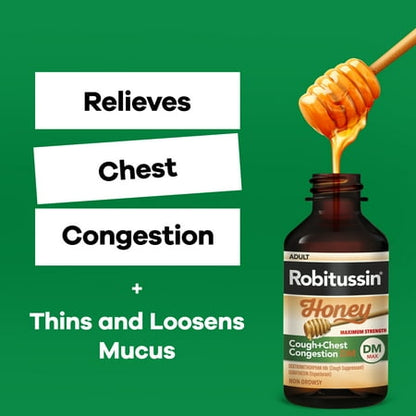Robitussin Maximum Strength Honey Cough + Chest Congestion Dm, Cough Medicine for Cough and Chest Congestion Relief Made With Real Honey for Flavor - 4 Fl Oz Bottle *Damaged Packaging* *Exp 06/27*